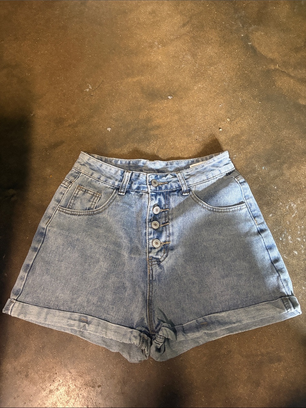 High-Waist Light Blue Denim Shorts with Button Front